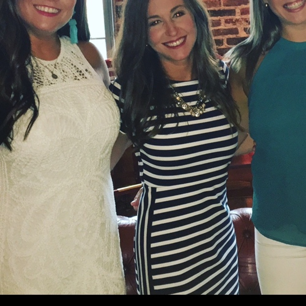Navy and white stripped mini dress with zipper exposed at back
